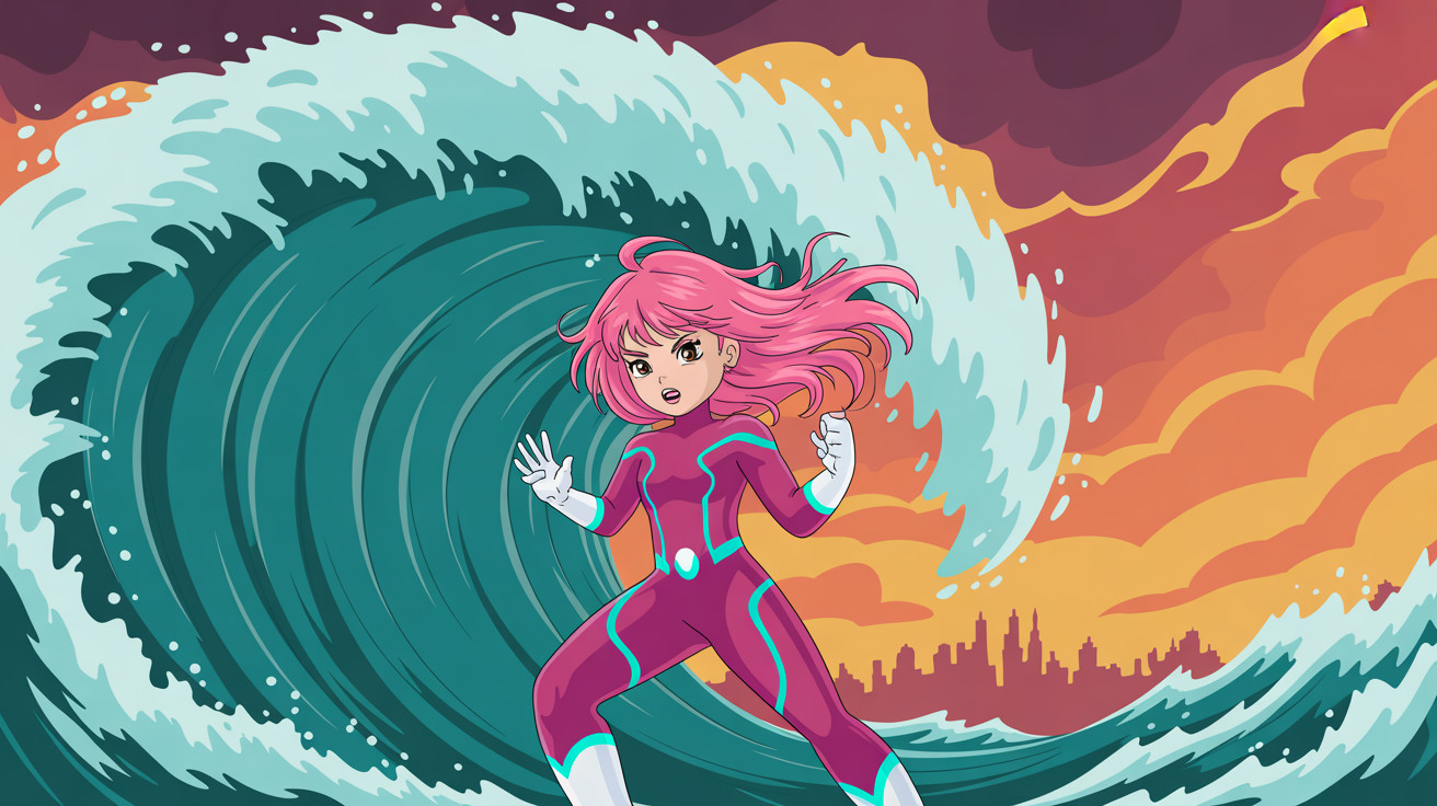 Anime Illustration of Young Woman Against Tsunami Wave