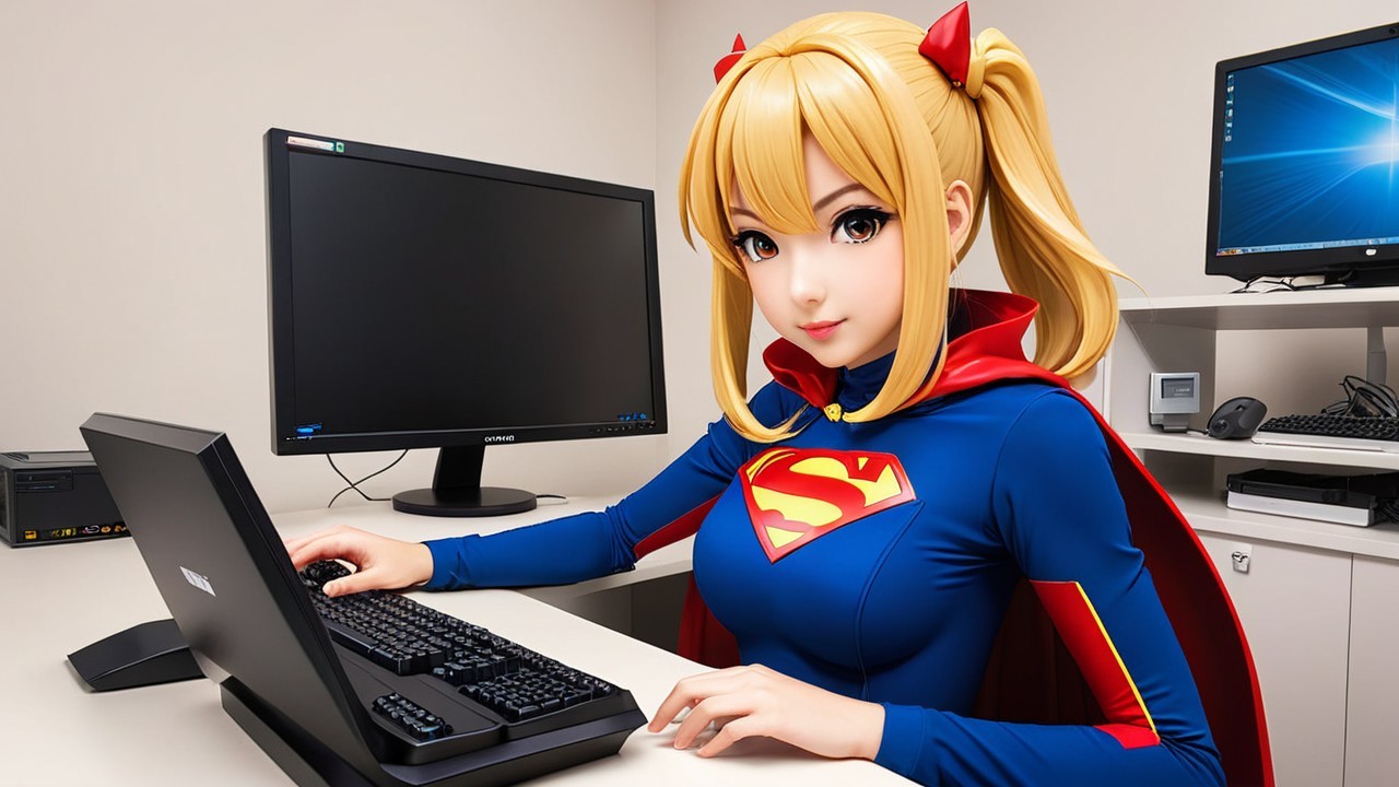 Young Woman in Superhero Costume at Modern Desk