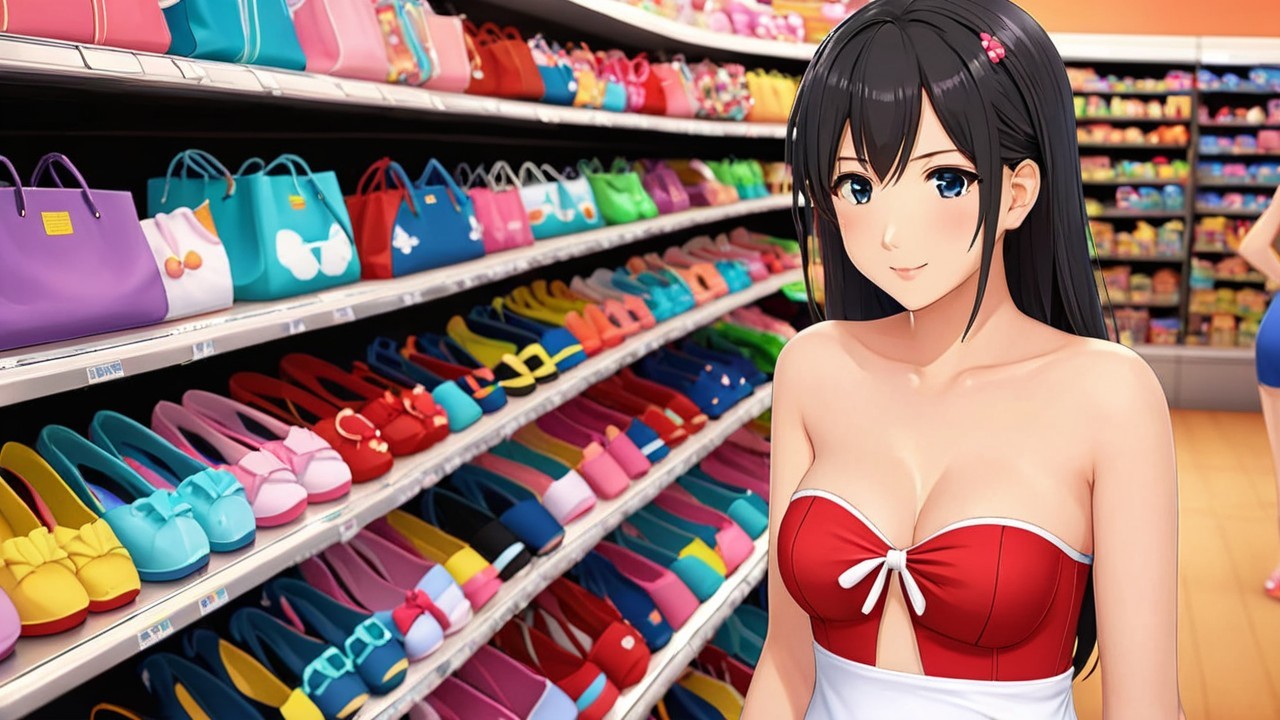 Anime Character in Colorful Shoe and Bag Store