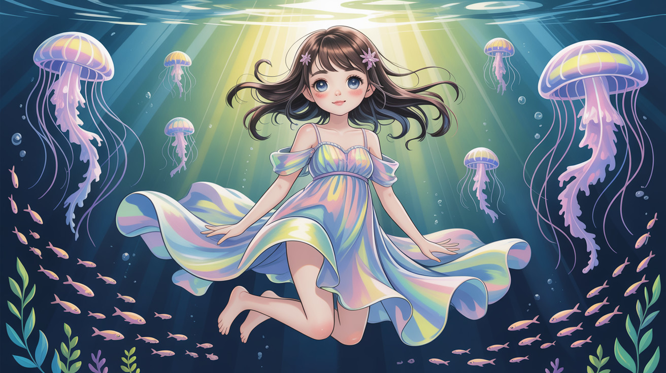 Anime Illustration of Girl Floating Underwater with Jellyfish