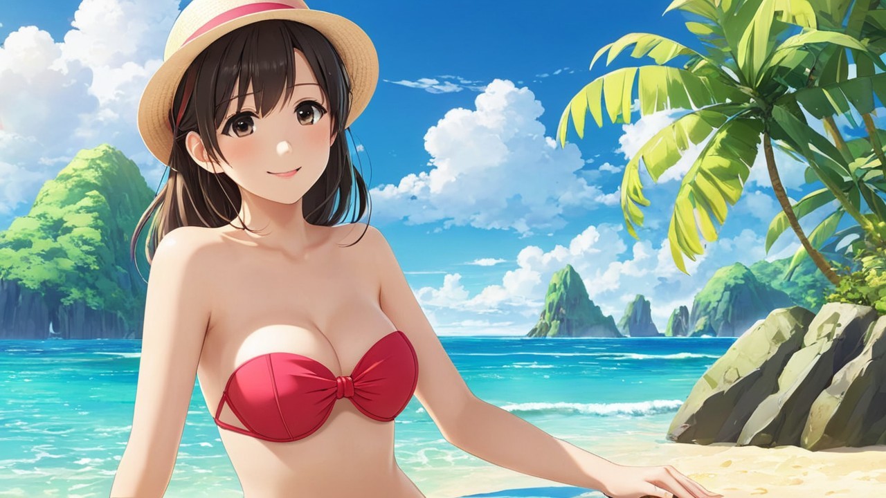 Cheerful woman in red bikini on tropical beach