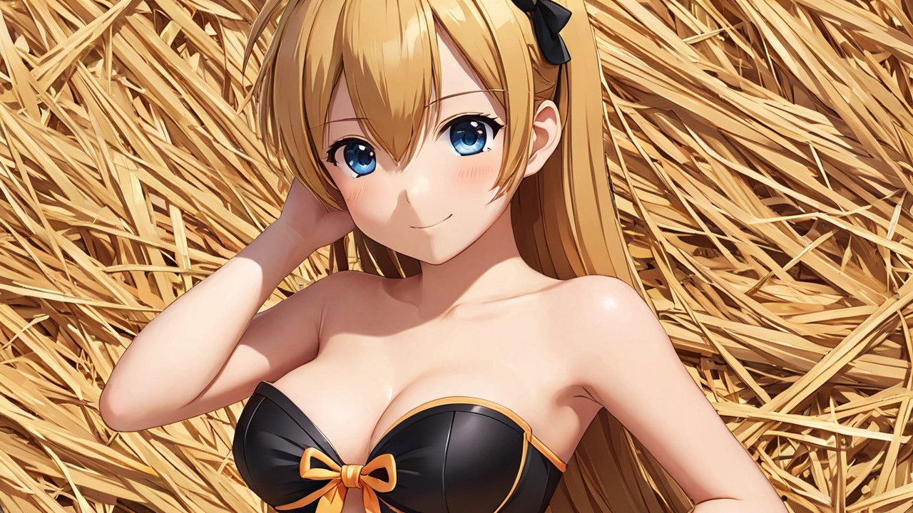 Cheerful Anime Girl in Black Bikini on Straw Bed