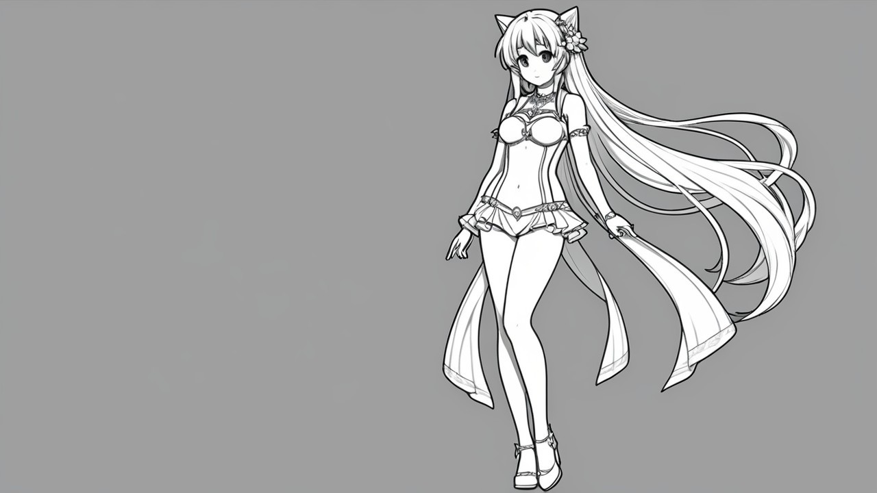 Monochromatic Character Design with Cat Ears and Ribbons