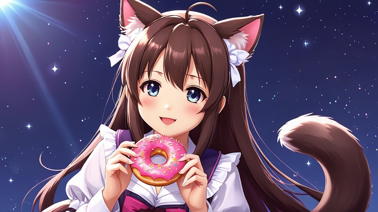 Charming Character with Cat Ears and Donut in Night Sky