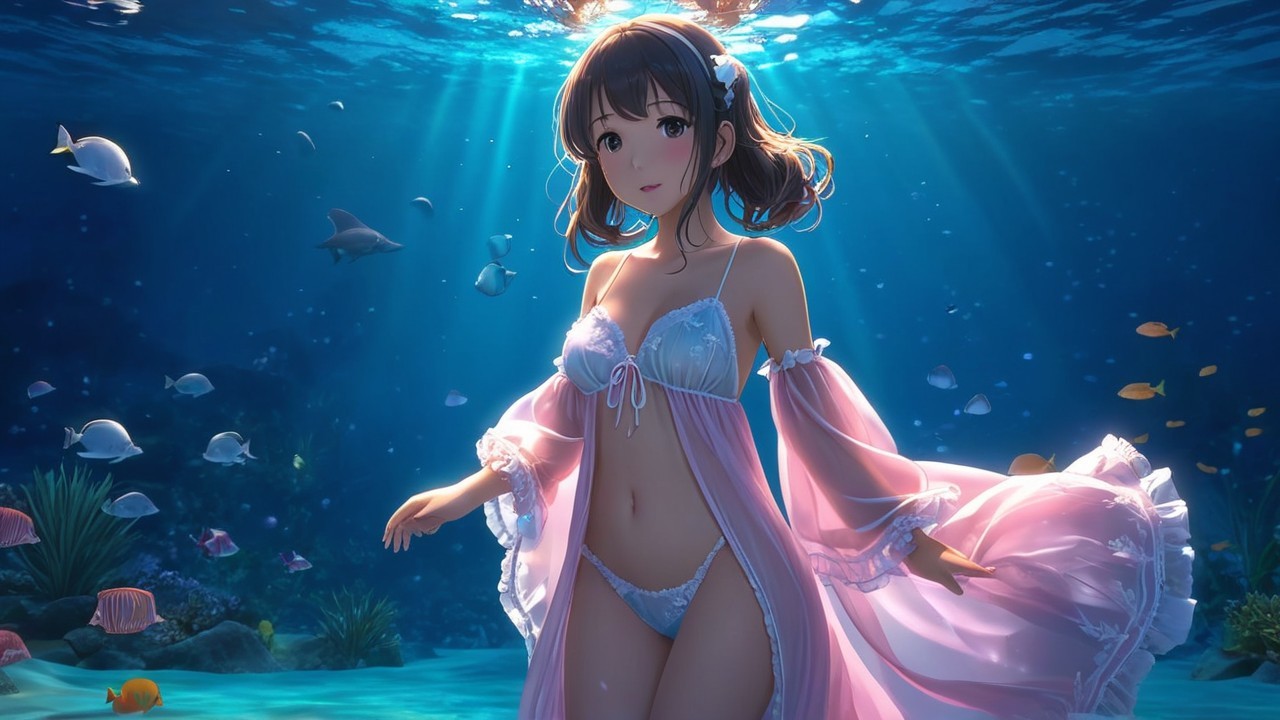 Young woman in flowing garment beneath ocean surface