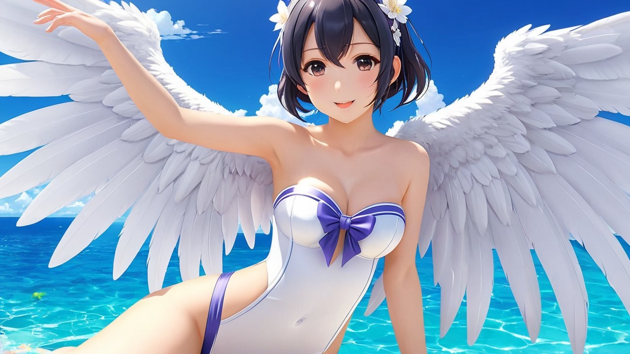 Young Woman with Wings by Sparkling Ocean Scene