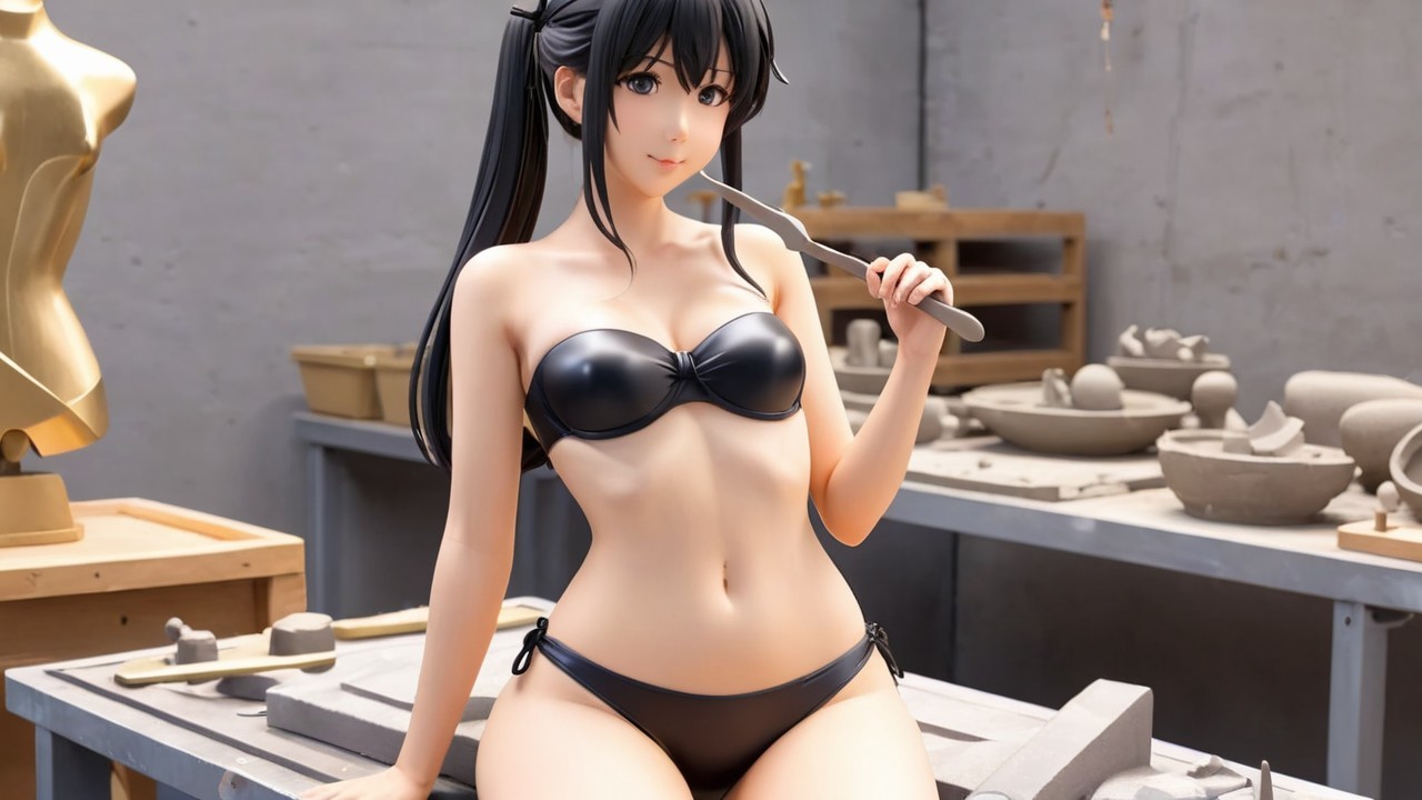 Young Woman in Workshop Surrounded by Pottery Tools