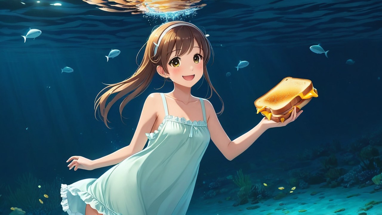 Cheerful Girl Smiling Underwater with Sandwich and Fish