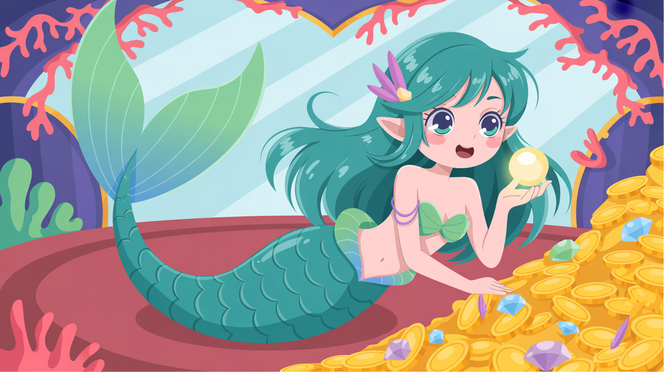 Anime-style mermaid with pearl, gold, and gems