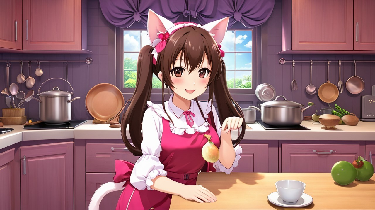 Cozy Kitchen with Cheerful Cat-Eared Character