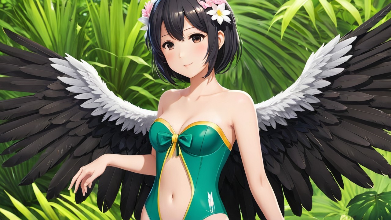 Whimsical Character in Jungle with Black Wings and Flowers