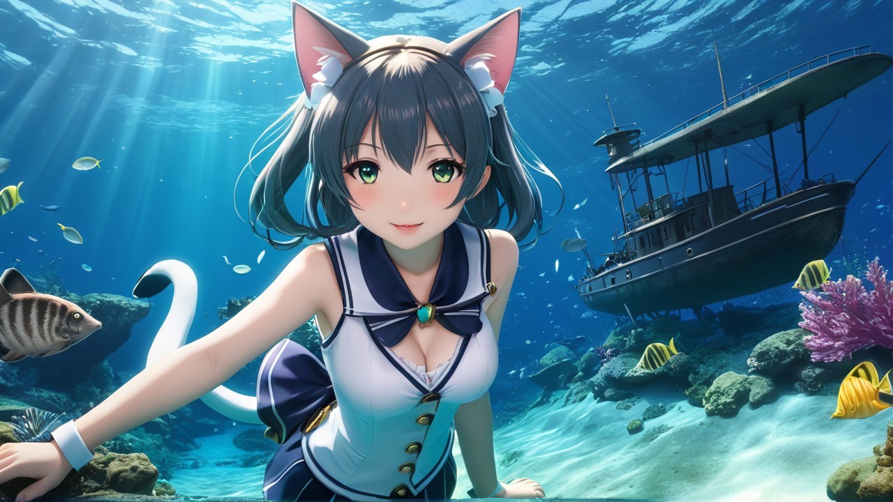 Underwater Scene with Girl, Coral, and Sunken Ship