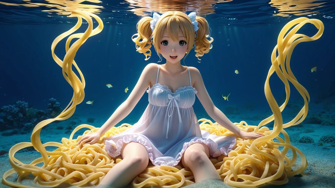 Underwater Scene with Girl Surrounded by Pasta