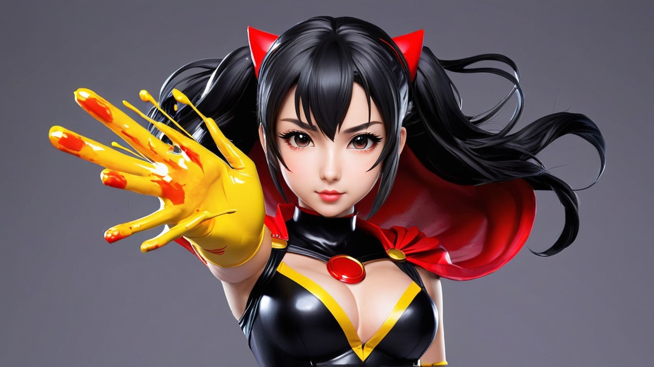Female superhero in glossy black and red attire