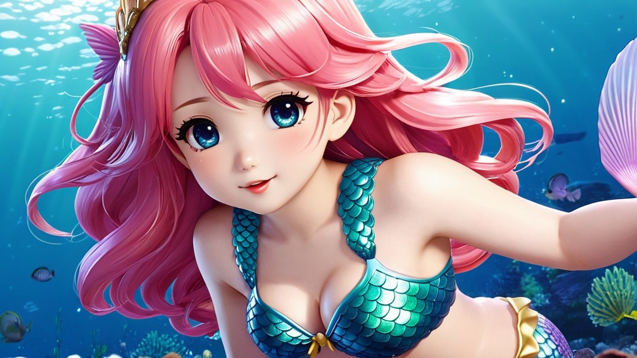 Vibrant Underwater Scene with a Young Mermaid