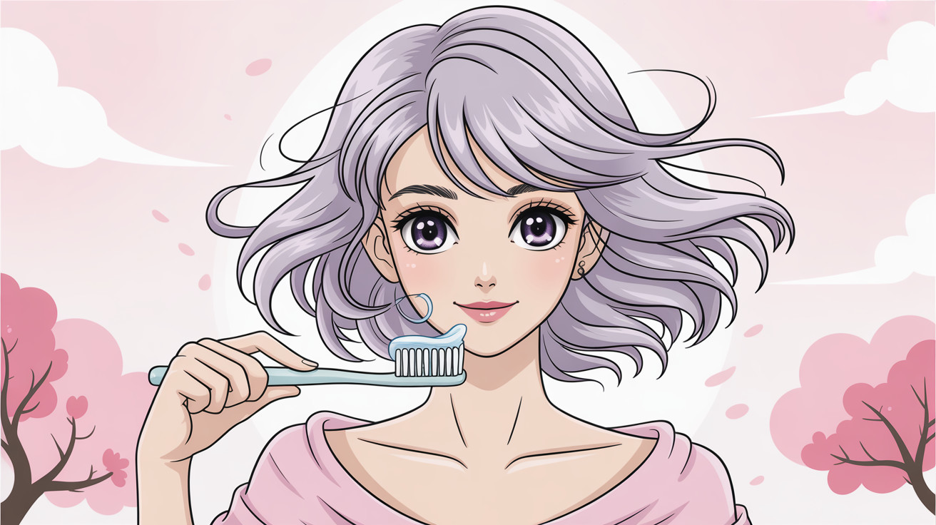 Anime girl with purple hair and pink shirt in cherry blossoms