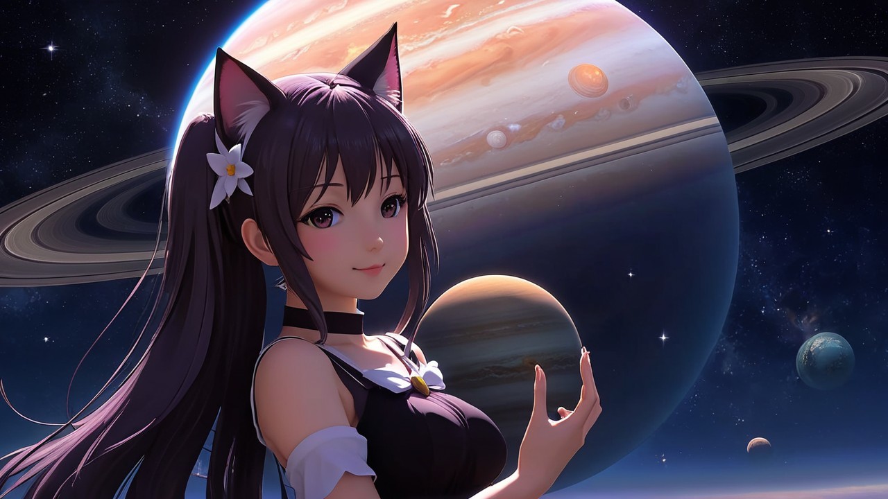 Anime Character with Cat Ears in Cosmic Setting