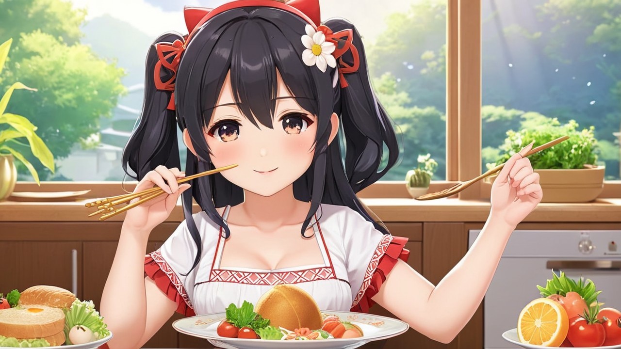 Cheerful Woman in Bright Kitchen with Delicious Dishes