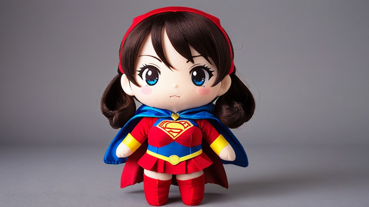 Plush Superheroine Doll with Red and Blue Costume