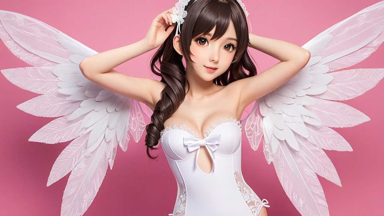 Stylized Character with White Wings on Pink Background