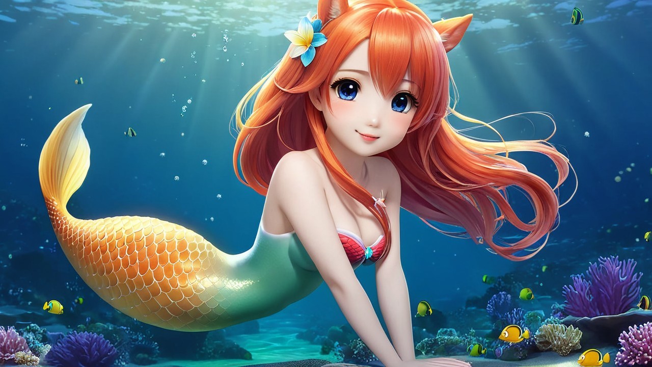 Vibrant Underwater Scene with Colorful Mermaid