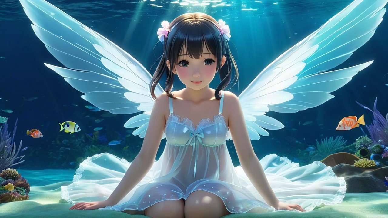 Underwater Scene with Girl and Marine Life