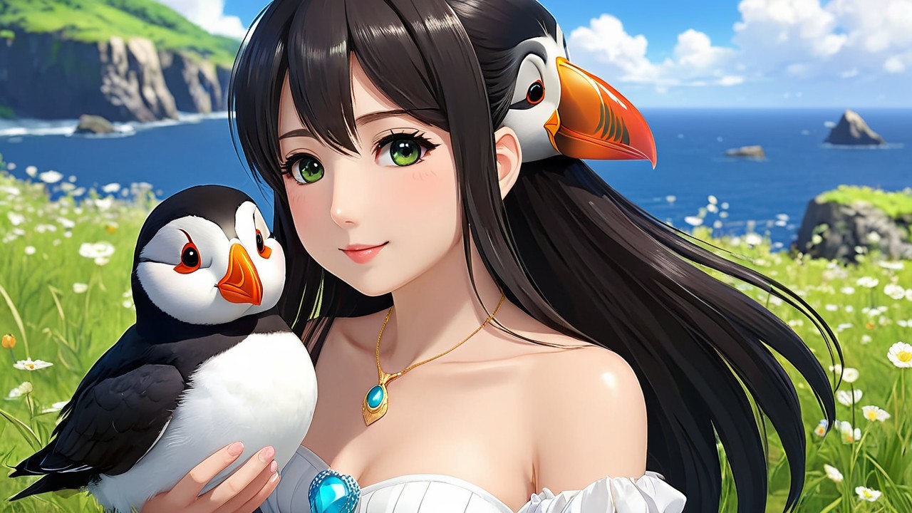 Young woman with puffin in green meadow by ocean