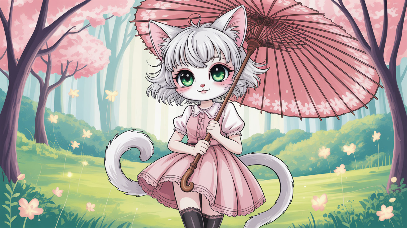 Chibi Cat-Girl in Whimsical Forest Setting
