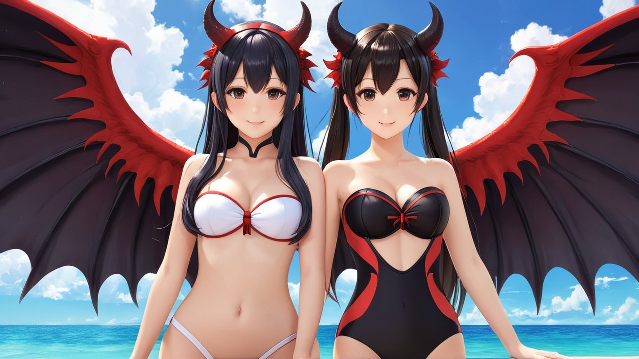 Devil-Inspired Characters at a Vibrant Beach Scene