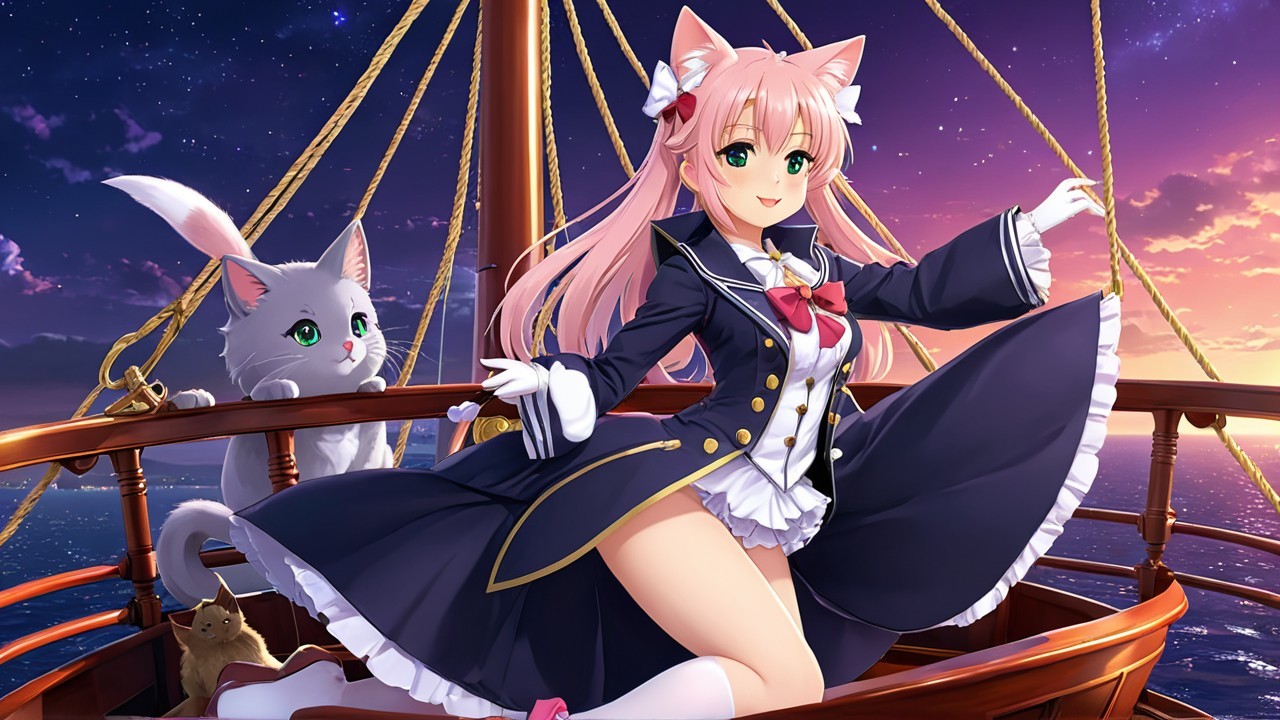 Cheerful Anime Character on Ship at Sunset