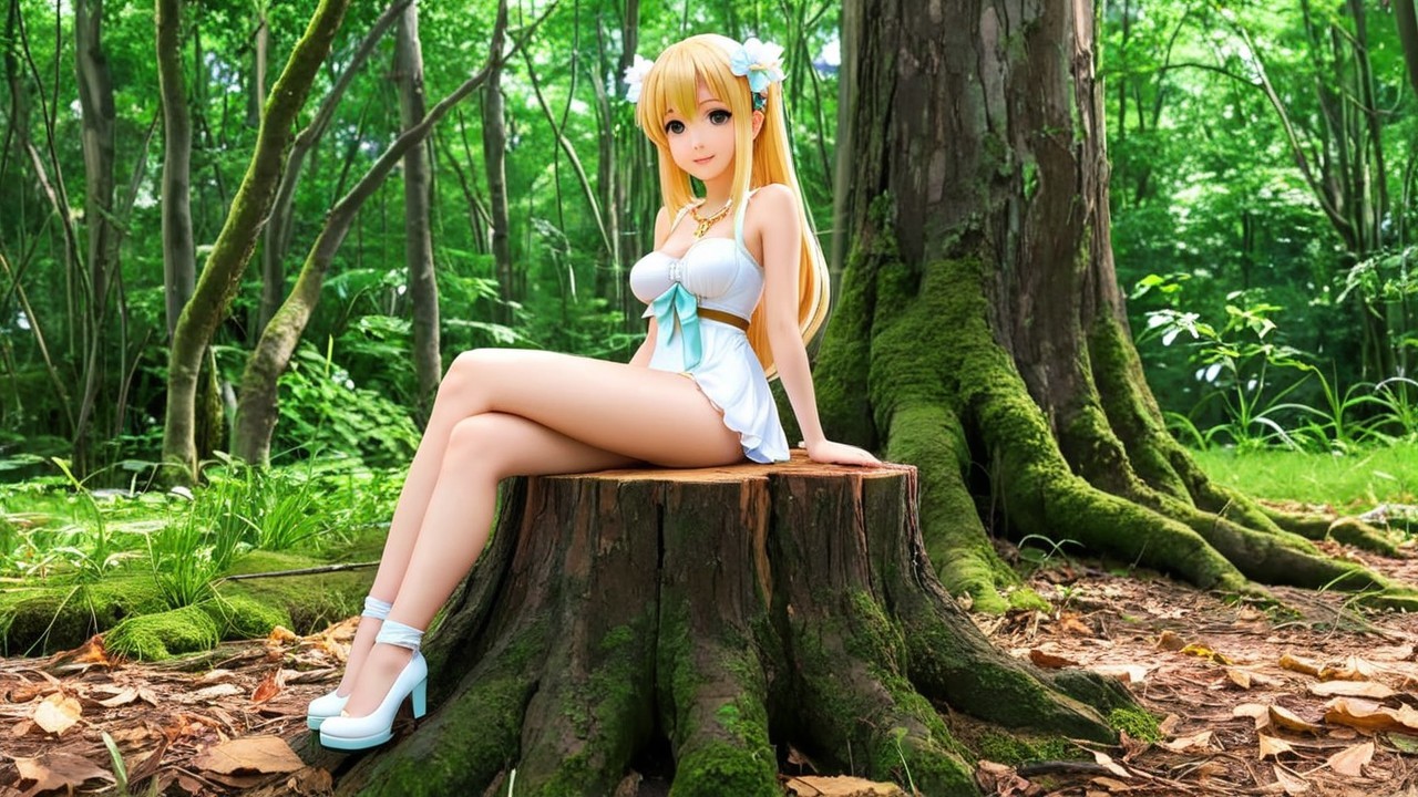 Young character in a forest with sunlight and flowers