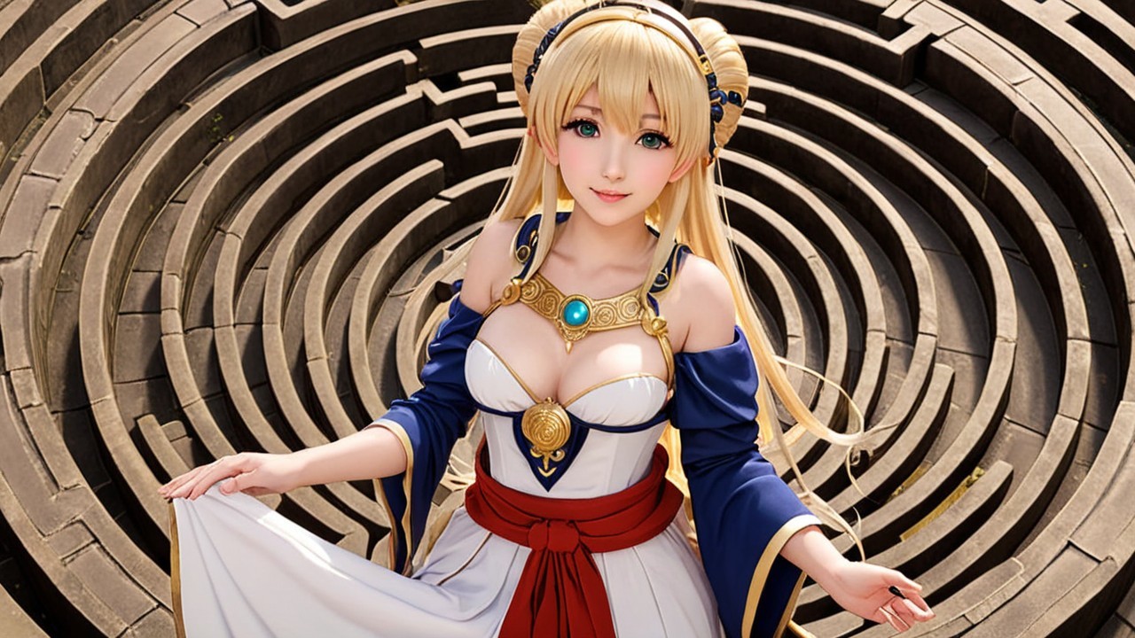Character in Elegant Outfit in Stone Maze Setting