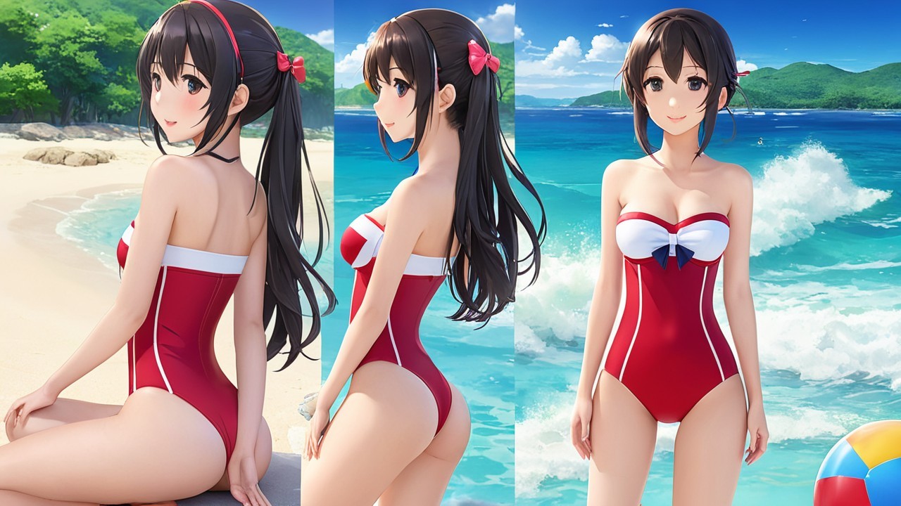 Female Character in Red Swimsuit on Sandy Beach