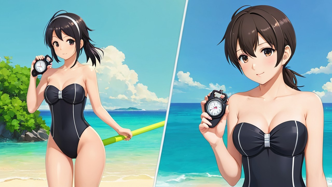 Cheerful girl in black swimsuit at vibrant beach scene