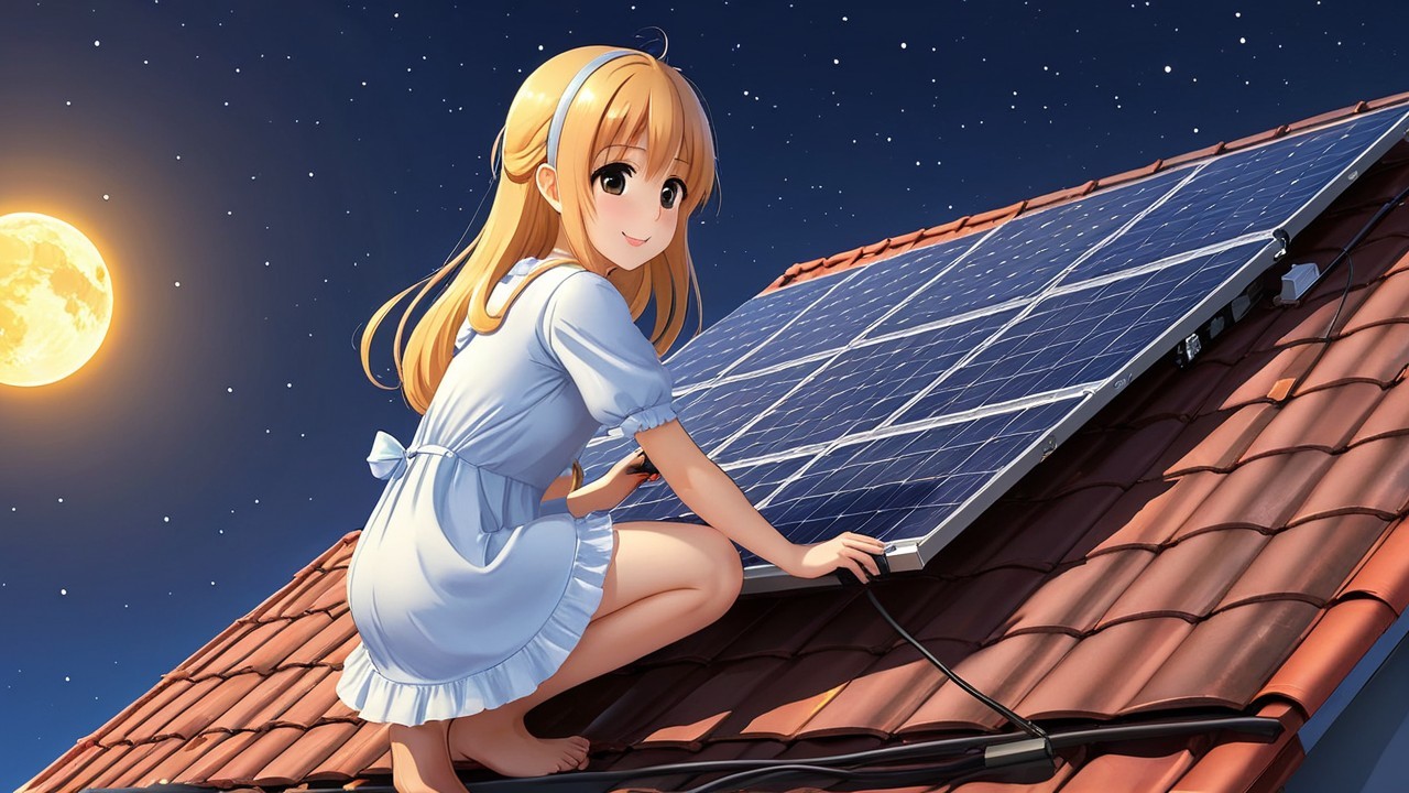 Young girl on rooftop adjusting solar panels at night