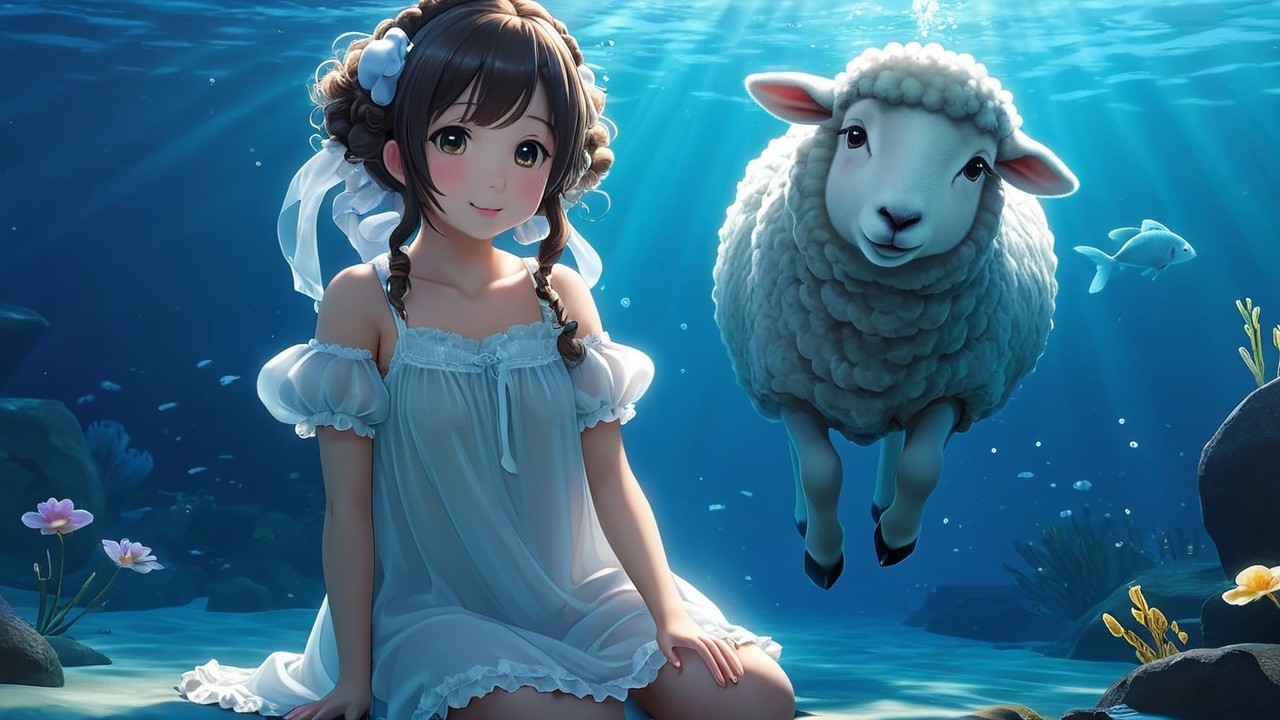 Whimsical Underwater Scene with Girl and Sheep