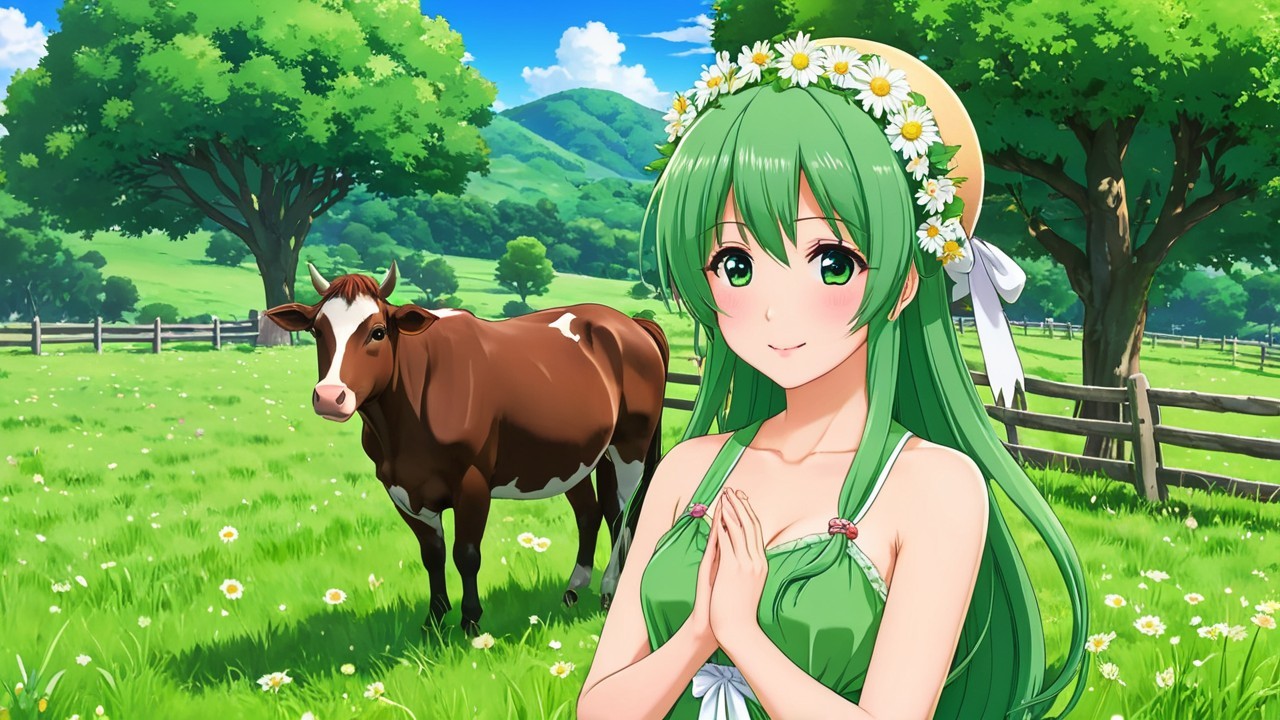 Young girl with green hair in rural landscape scene