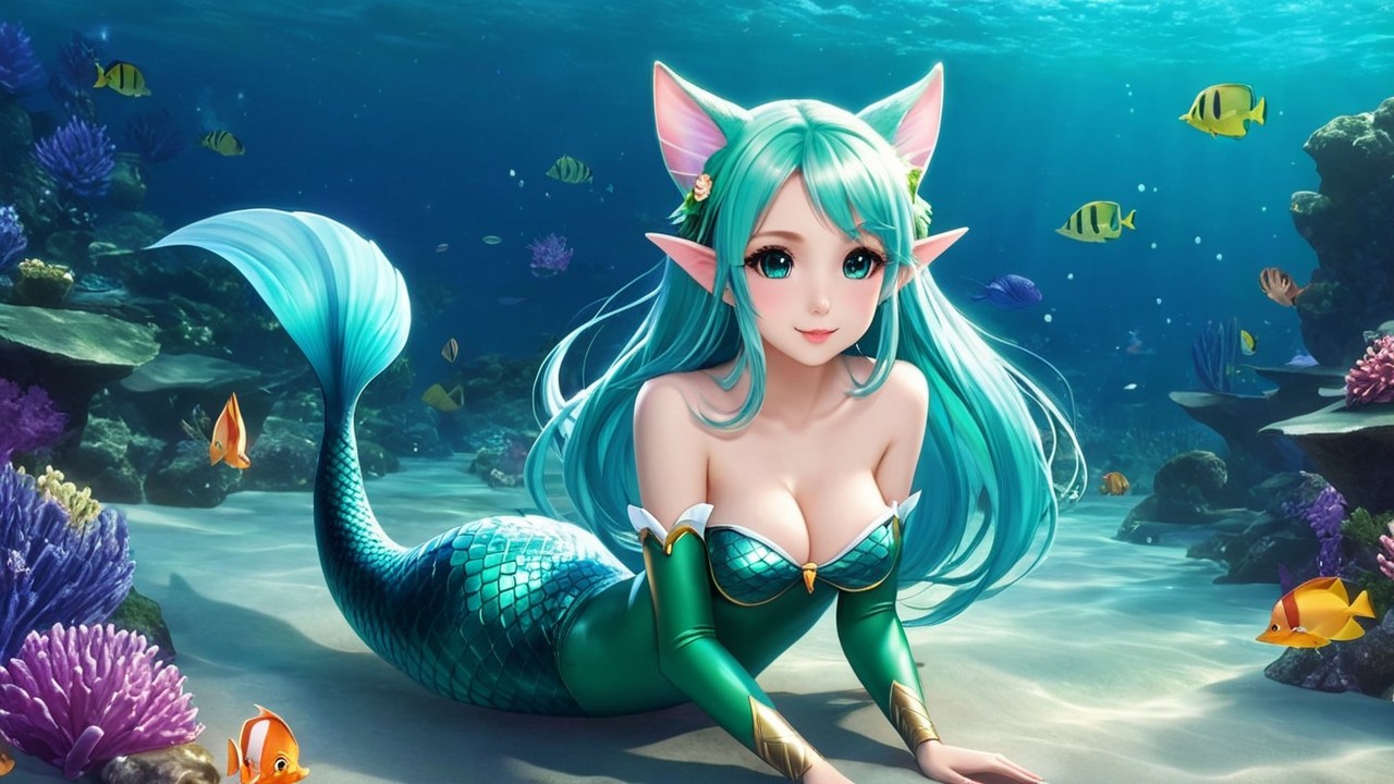 Vibrant Underwater Scene with a Mermaid and Coral