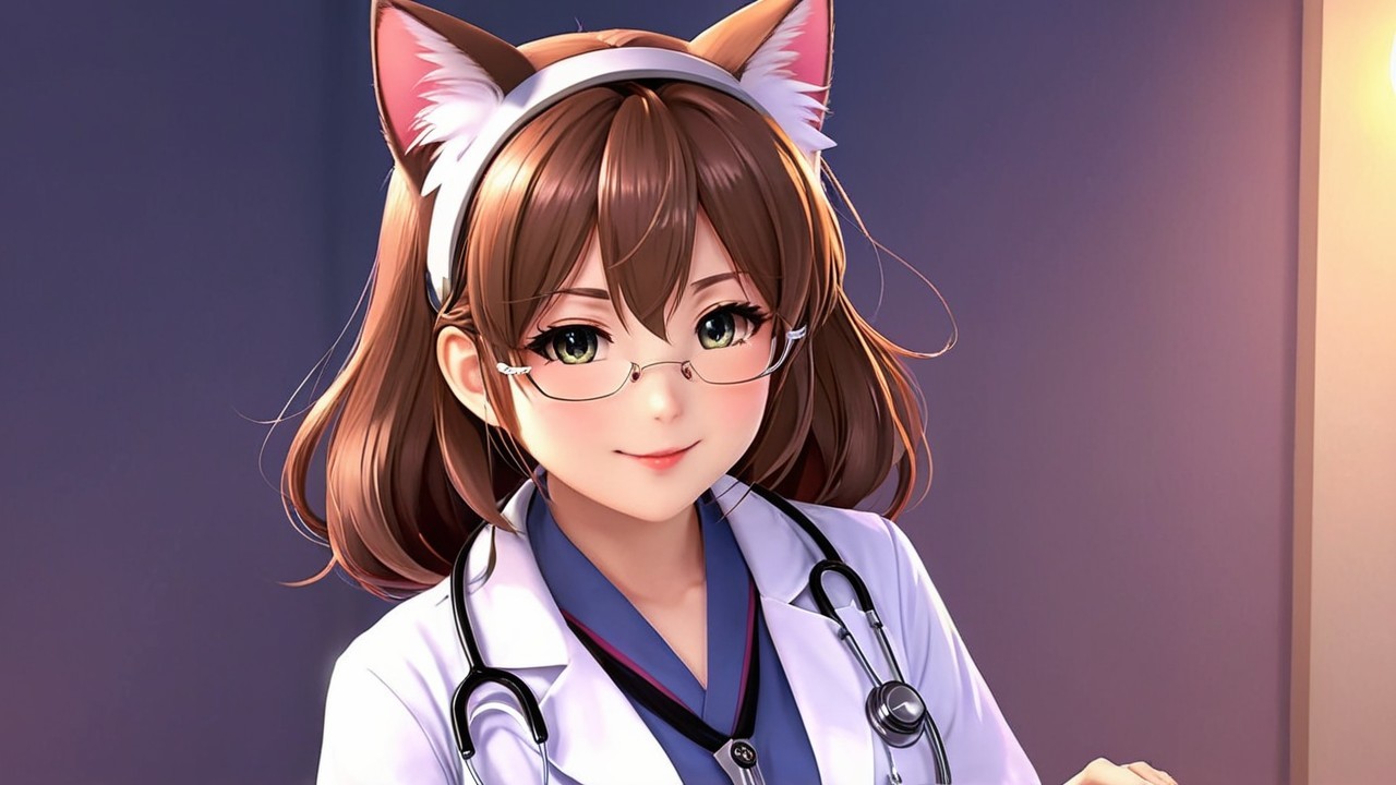 Anime-Inspired Doctor Character with Cat Ears and Glasses