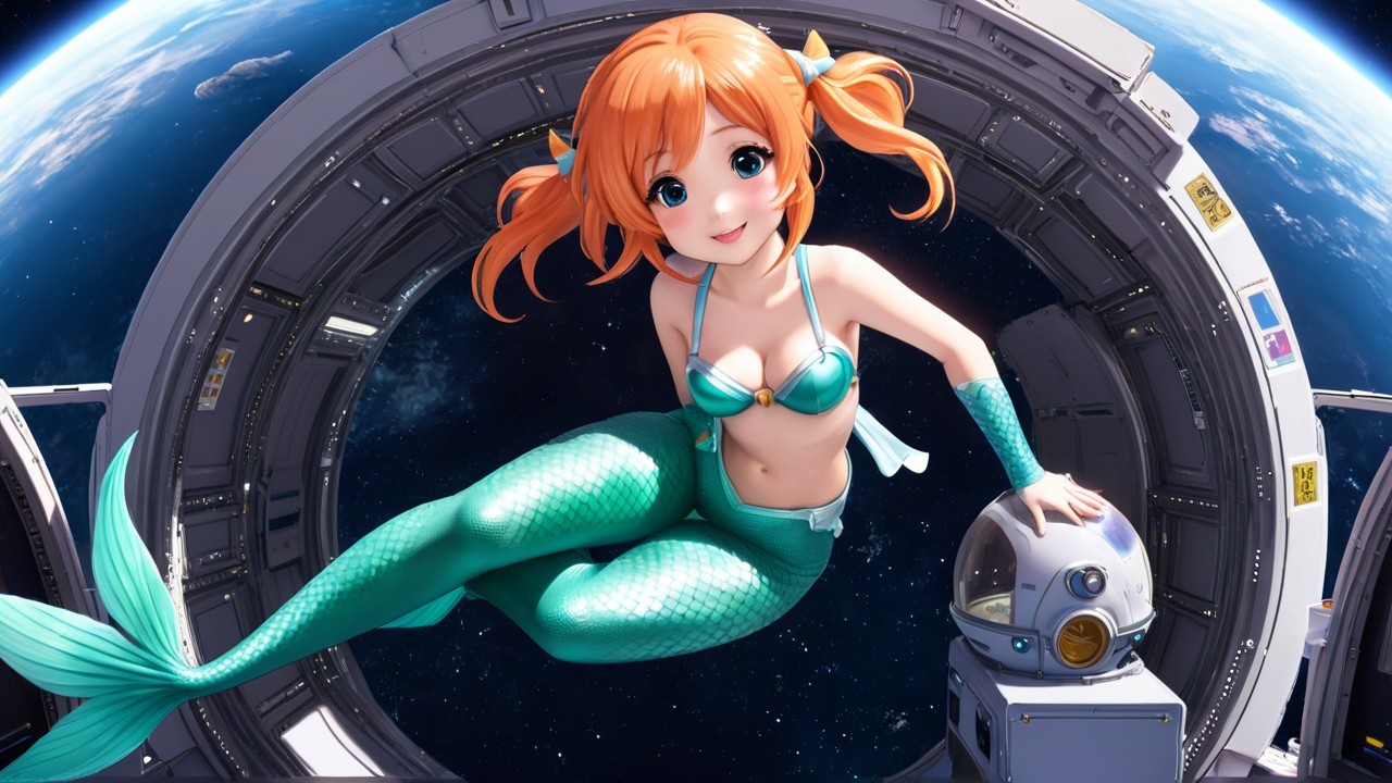 Cheerful Animated Mermaid in Futuristic Space Station
