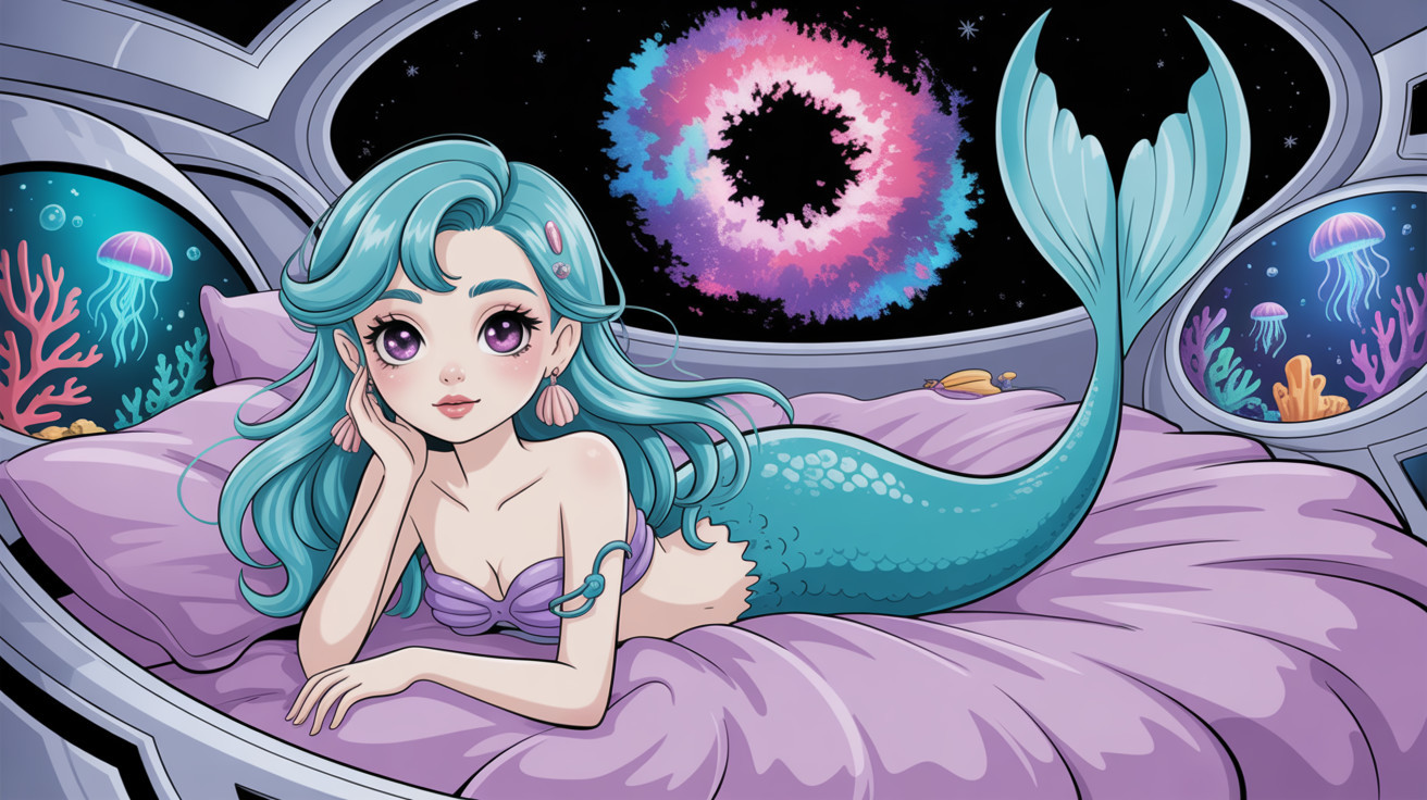 Whimsical Mermaid Illustration in Futuristic Setting