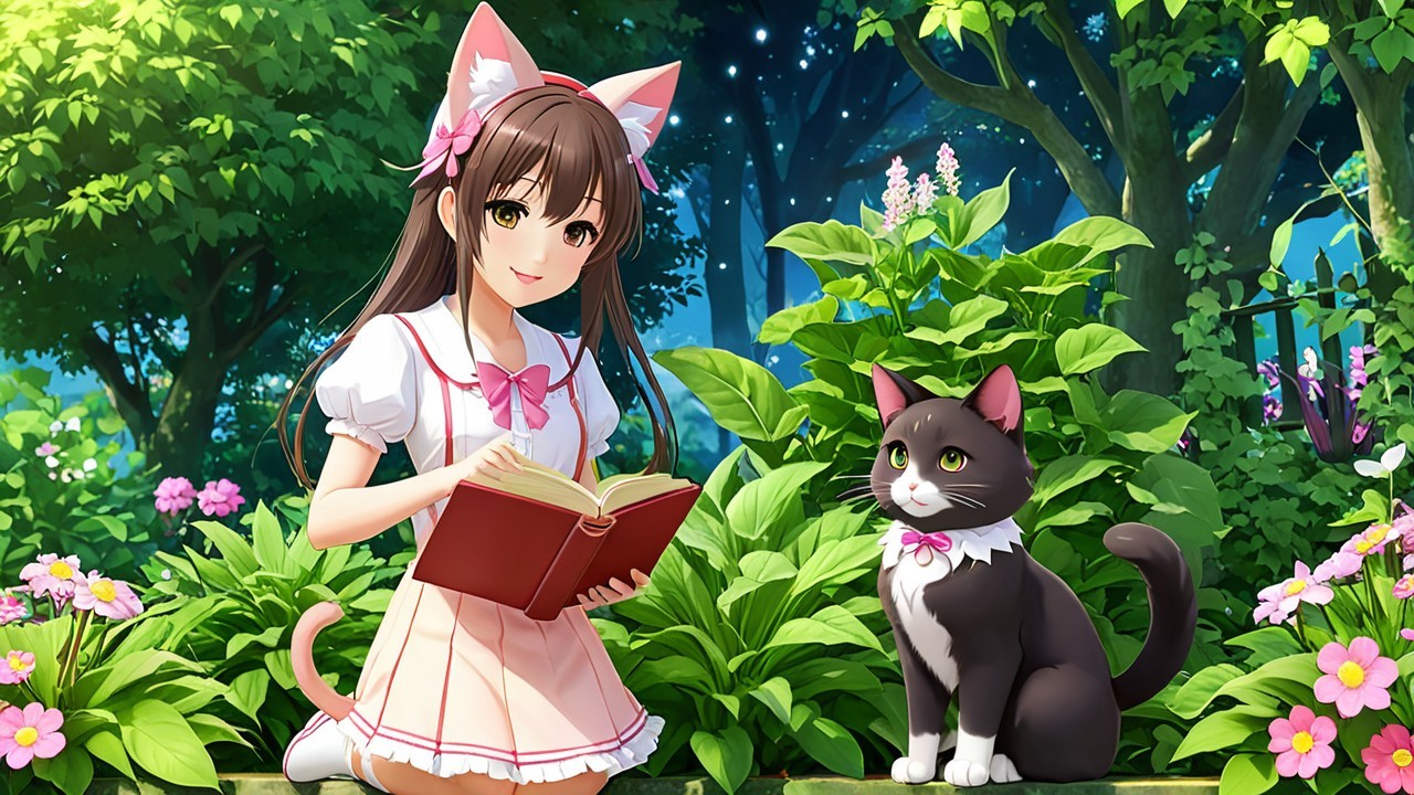 Young girl with cat ears in a vibrant garden scene