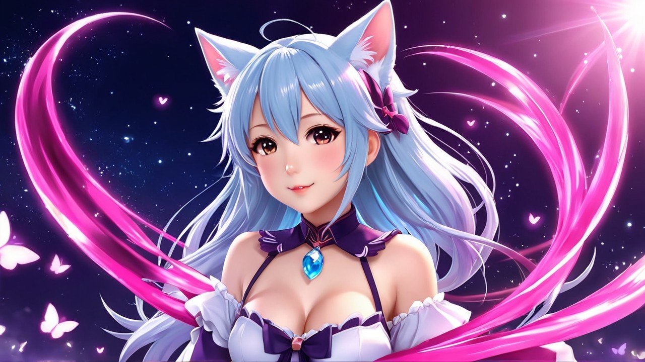 Anime Character with Blue Hair and Cat Ears in Night Sky