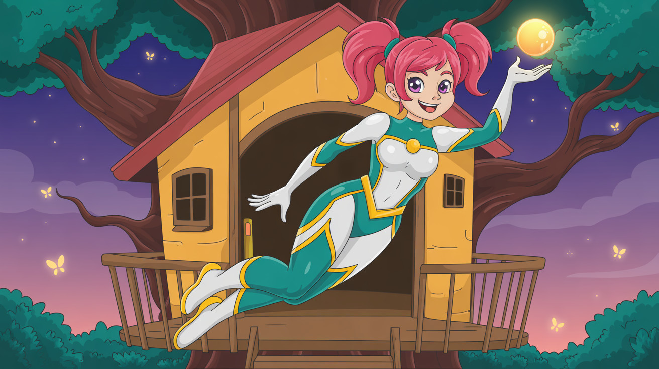 Cartoon of a Girl in Superhero Costume Levitating