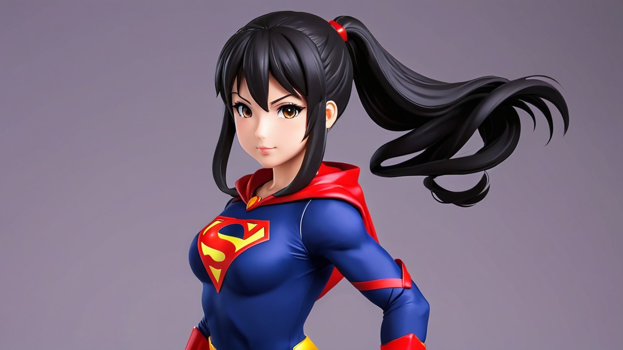 Dynamic Female Superhero in Blue and Red Costume