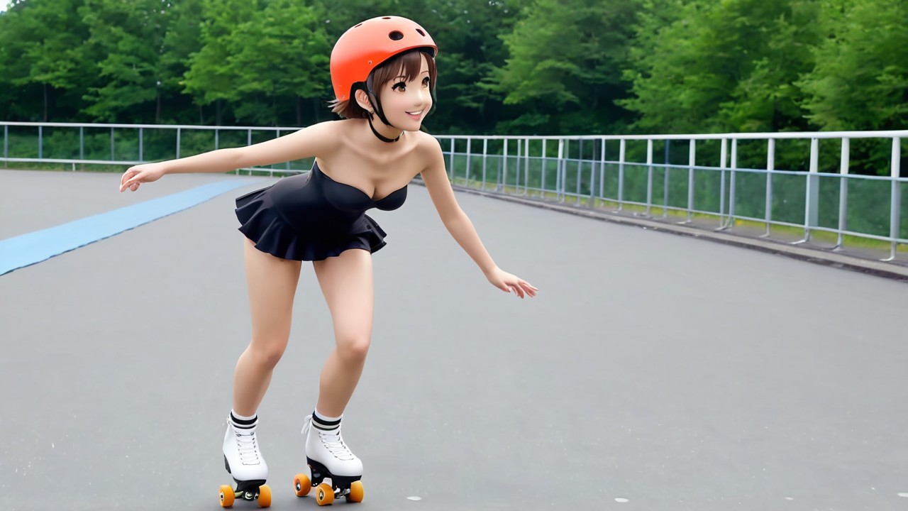 Animated Character Roller Skating in Greenery