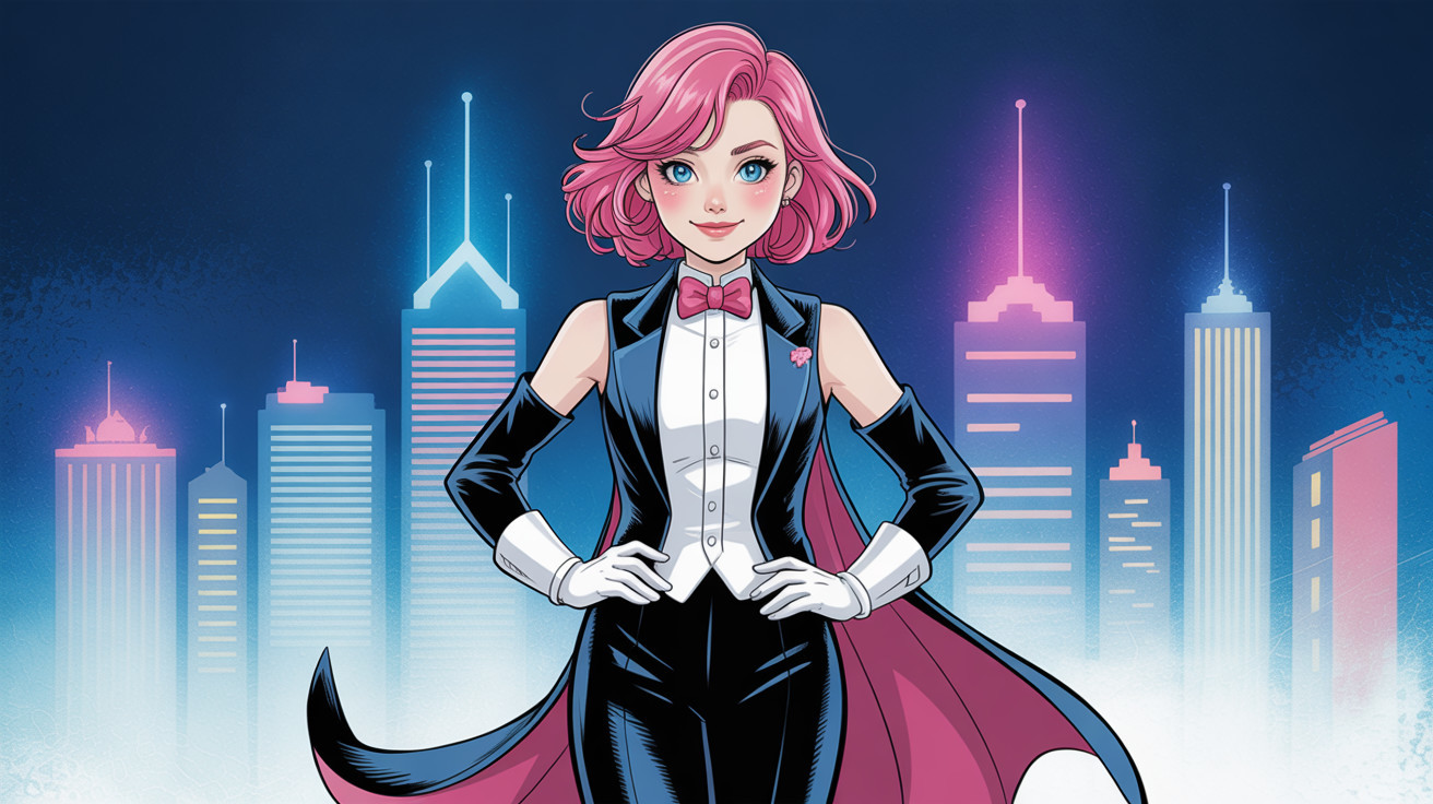 Pink-haired woman in tuxedo with neon skyscrapers backdrop
