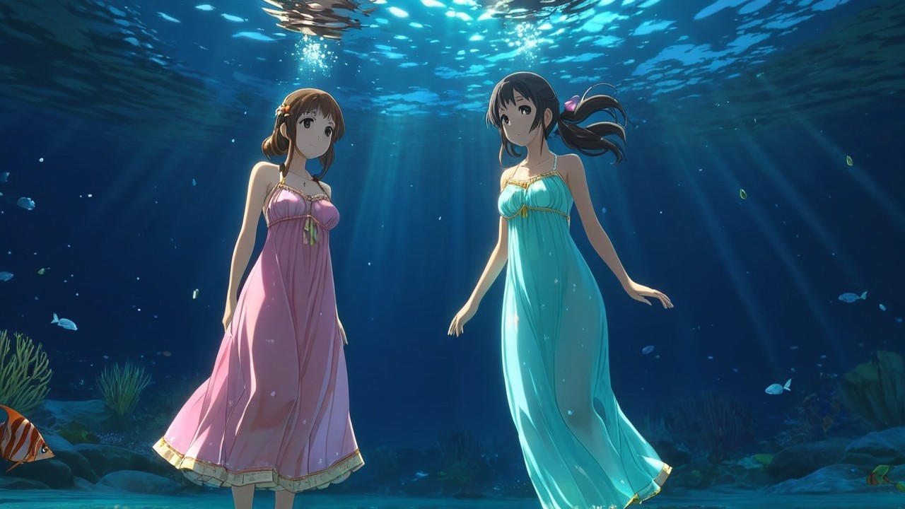 Young women swimming in vibrant underwater scene