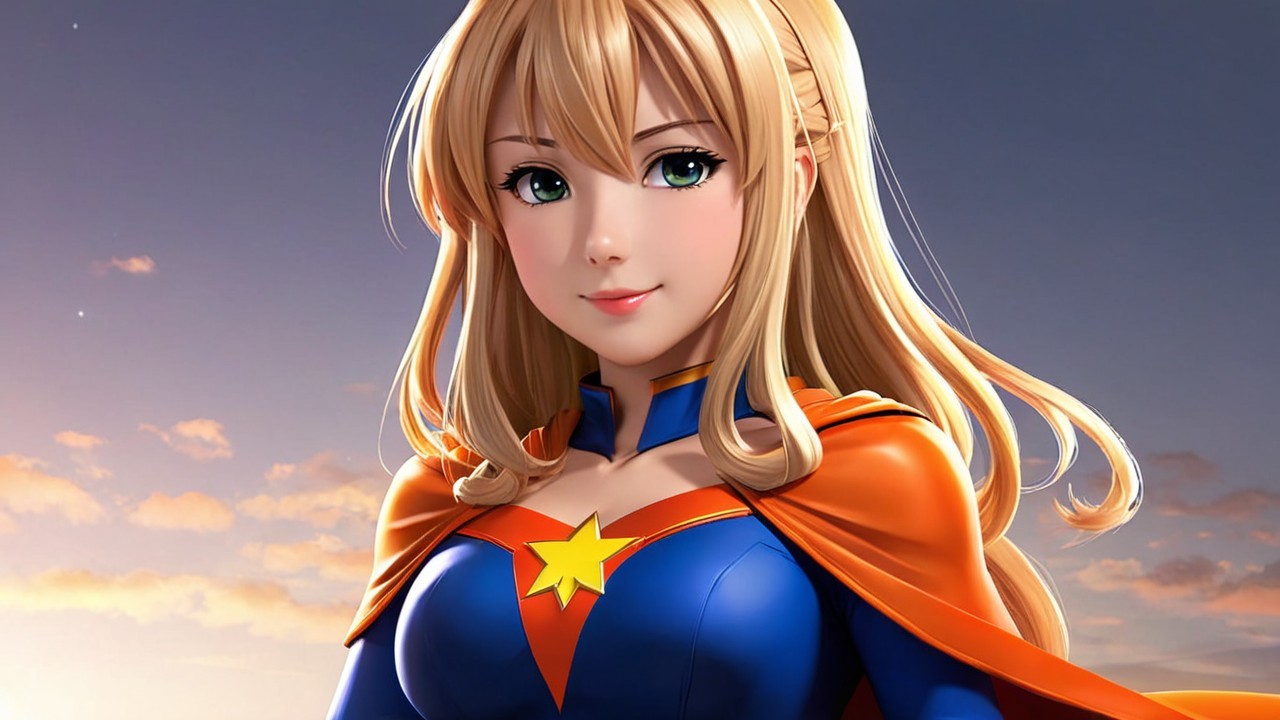 Anime-style character in superhero costume at sunset