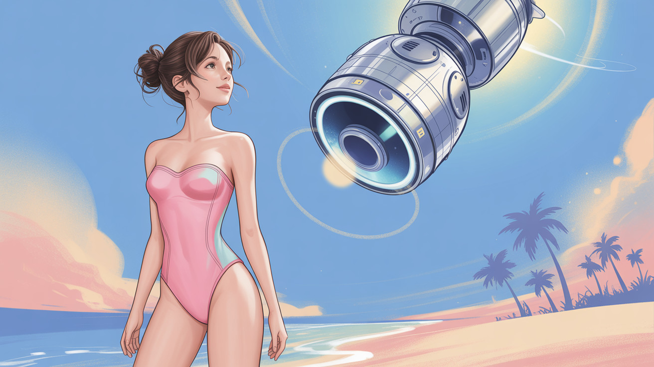 Woman in Pink Swimsuit on Beach Under Bright Object
